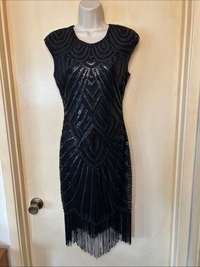Babeyond Black Beaded Fringe Mini Dress - Sleeveless Art Deco Style size XS